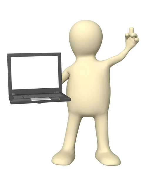 3d puppet with laptop in hand — Stock Photo, Image
