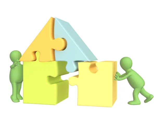 3d puppets building the house — Stock Photo, Image