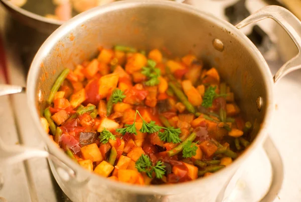 Preparando sabroso ragú de verduras — Foto de Stock