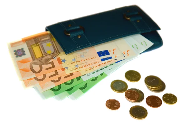 Гаманець з євро банкнотами та монетами — стокове фото