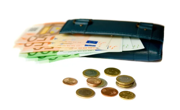 Dompet dengan uang kertas euro dan koin — Stok Foto