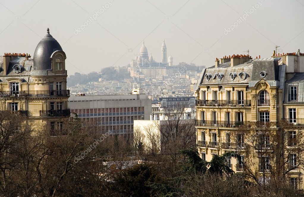 View of the Basilica Sacre-Coeur from the park des Buttes-Chaumont, Paris, France
