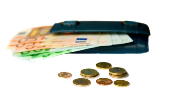 Euro banknot ve madeni paralar ile cüzdan — Stok fotoğraf