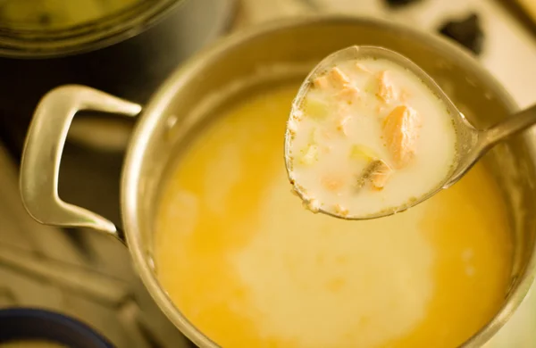 Schöpfkelle mit frisch gekochter Fischsuppe — Stockfoto