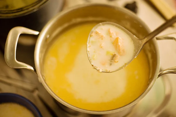 Schöpfkelle mit frisch gekochter Fischsuppe — Stockfoto