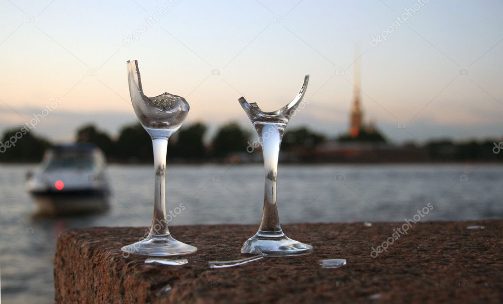 Two wine glasses broken for good luck
