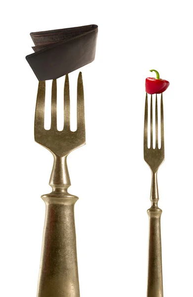 两个叉子、 钱包和胡椒. — 图库照片