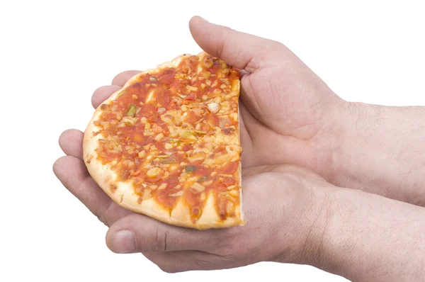 Half of pizza in hands. — Stock Photo, Image