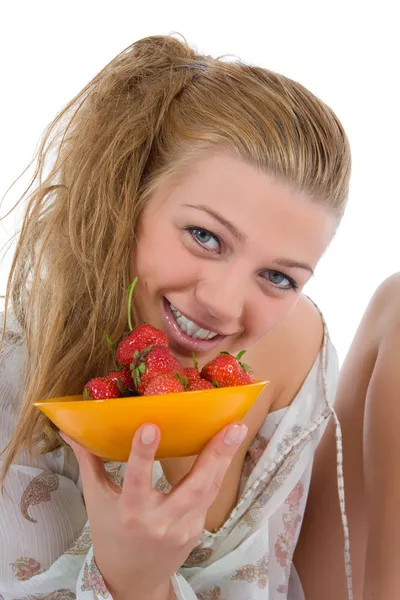 Beautiful girl with strawberry — Stock fotografie