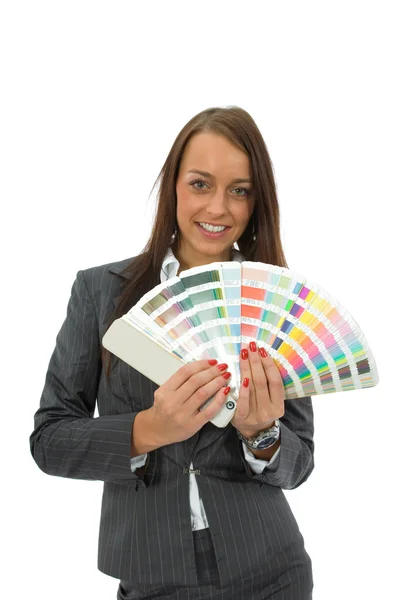 Business woman demonstrates palette of t — Stock Photo, Image
