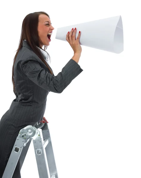 Business woman yells in megaphone — Stock Photo, Image