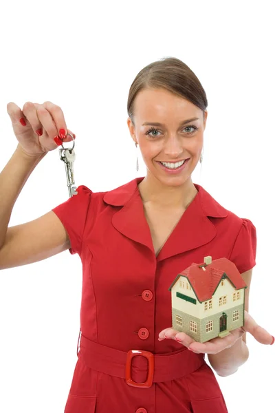 Business woman advertises real estate — Stock Photo, Image