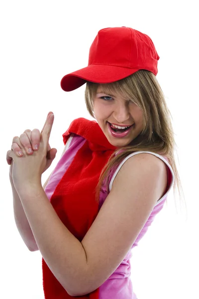 Красивая девушка в красной кепке — стоковое фото