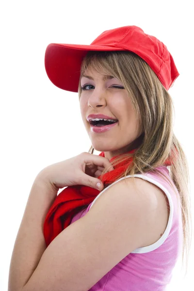 Όμορφη νεαρή γυναίκα με κόκκινο καπάκι — Φωτογραφία Αρχείου