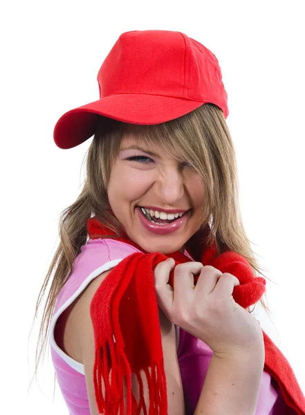 Hermosa joven en gorra roja — Foto de Stock