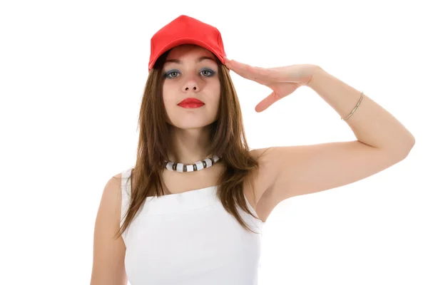 Chica emocional en gorra roja —  Fotos de Stock