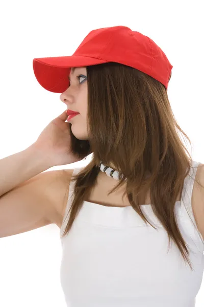 Chica emocional en gorra roja —  Fotos de Stock