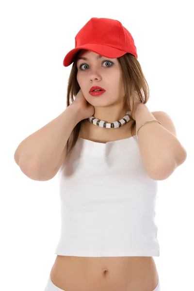 Chica emocional en gorra roja — Foto de Stock