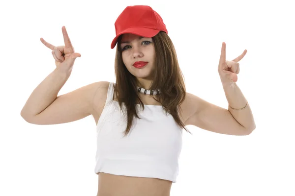 Емоційна дівчина в червоній шапці — стокове фото
