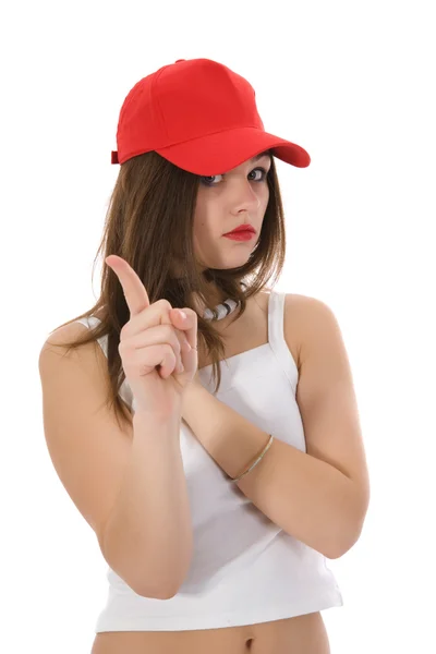 Эмоциональная девушка в красной кепке — стоковое фото