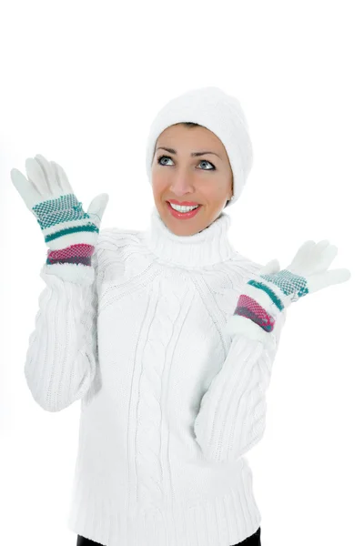Gyönyörű nő fehér pulóverben — Stock Fotó