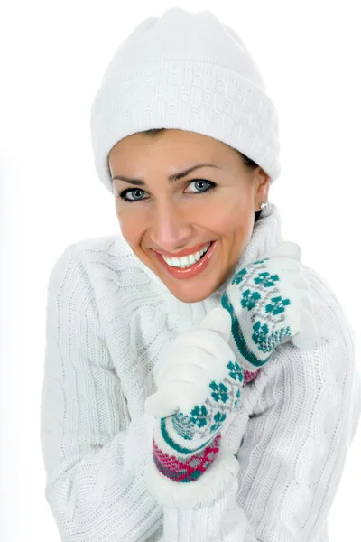 Hermosa mujer en suéter blanco — Foto de Stock