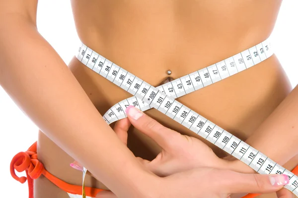 Woman showing how much weight she lo — Stock Photo, Image