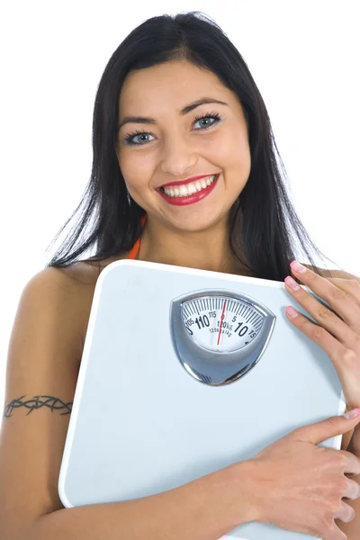 Donna mostrando quanto peso lei lo — Foto Stock