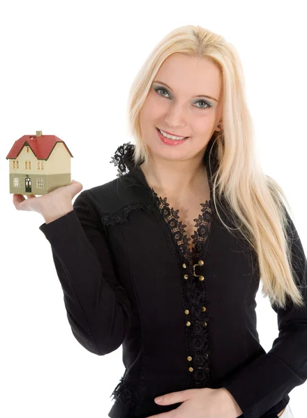 Obchodní žena inzeruje nemovitosti — Stock fotografie