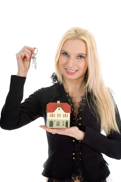 Geschäftsfrau wirbt für Immobilien — Stockfoto