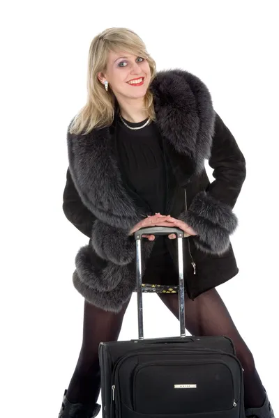Mooie blonde met valise — Stockfoto