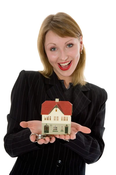 Γυναίκα των επιχειρήσεων διαφημίζει ακίνητων περιουσιών — Φωτογραφία Αρχείου