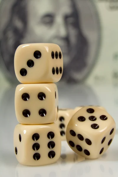 stock image Dice on big dollar background