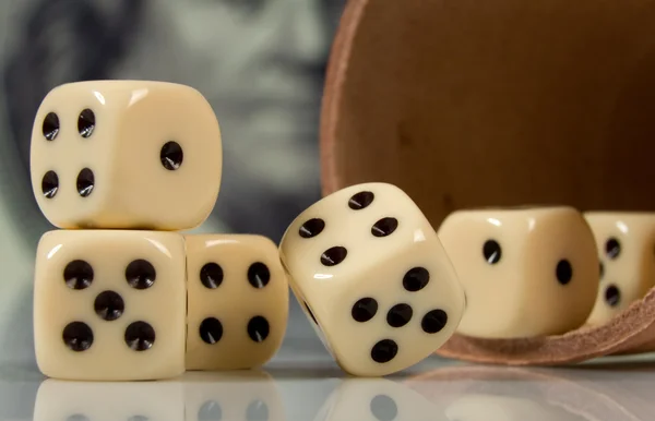 stock image Dice on big dollar background