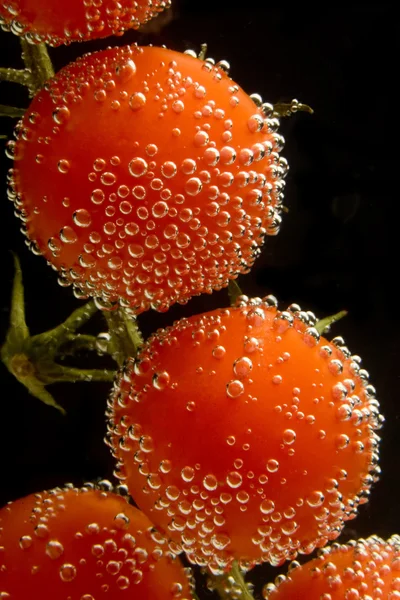 stock image Tomato with bubbles on black