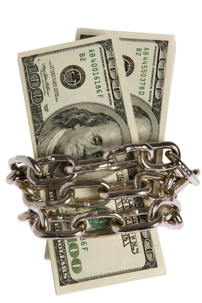 Dolarů s řetězem na bílém pozadí — Stock fotografie