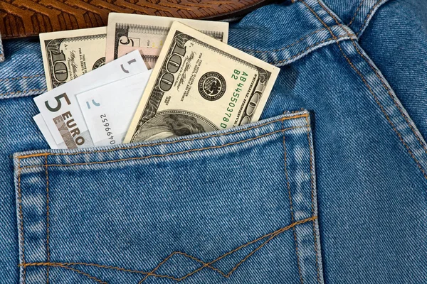 Jeans with money. — Stock Photo, Image