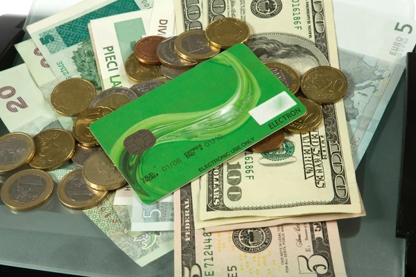 Pengar collage med sedlar och mynt — Stockfoto