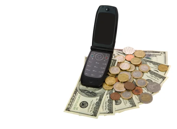 Telefon s penězi na bílém pozadí — Stock fotografie