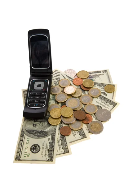 Teléfono con dinero en blanco . — Foto de Stock