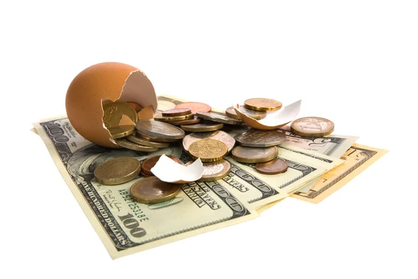 Egg with money on white. — Stock Photo, Image