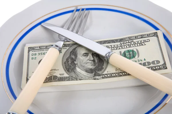 Dollars on food plate — Stock Photo, Image
