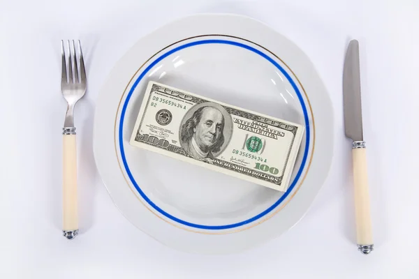 Dollars on food plate — Stock Photo, Image