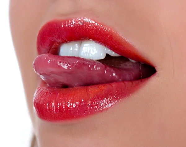 Glamour kırmızı parlak dudak hareketi — Stok fotoğraf