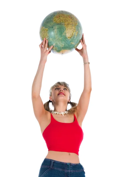 Junge Frau mit Globus — Stockfoto