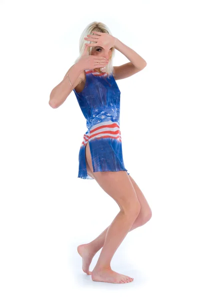 Menina de vestido da bandeira americana — Fotografia de Stock