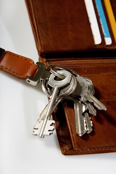 Bunch of keys on leather wallet — Stock Photo, Image