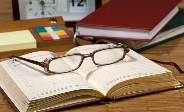 Arrangör, penna, böcker. — Stockfoto