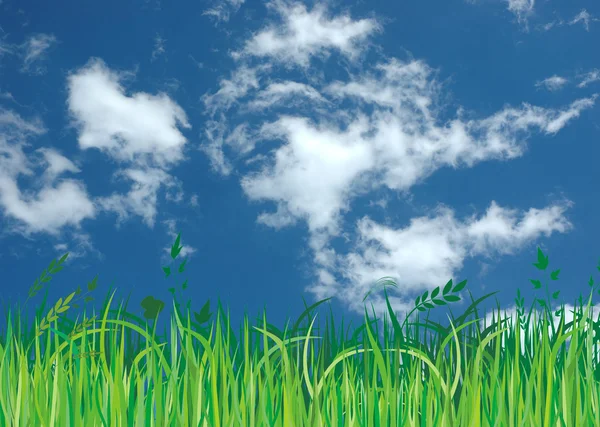 Синє небо, зелена трава і хмари — стокове фото
