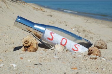 Message in a bottle with SOS signal clipart